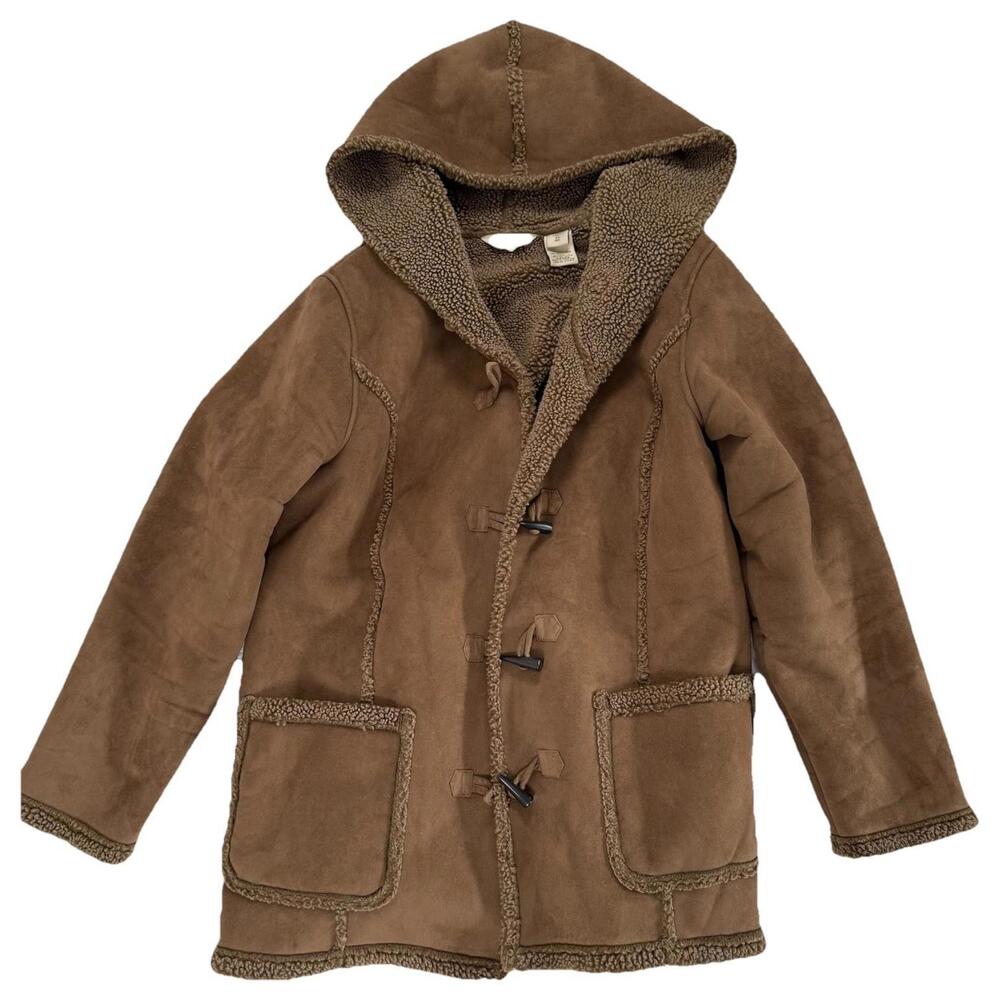 LL Bean Women’s XL Sherpa Lined Hooded Toggle Coat Brown Faux Shearling Jacket